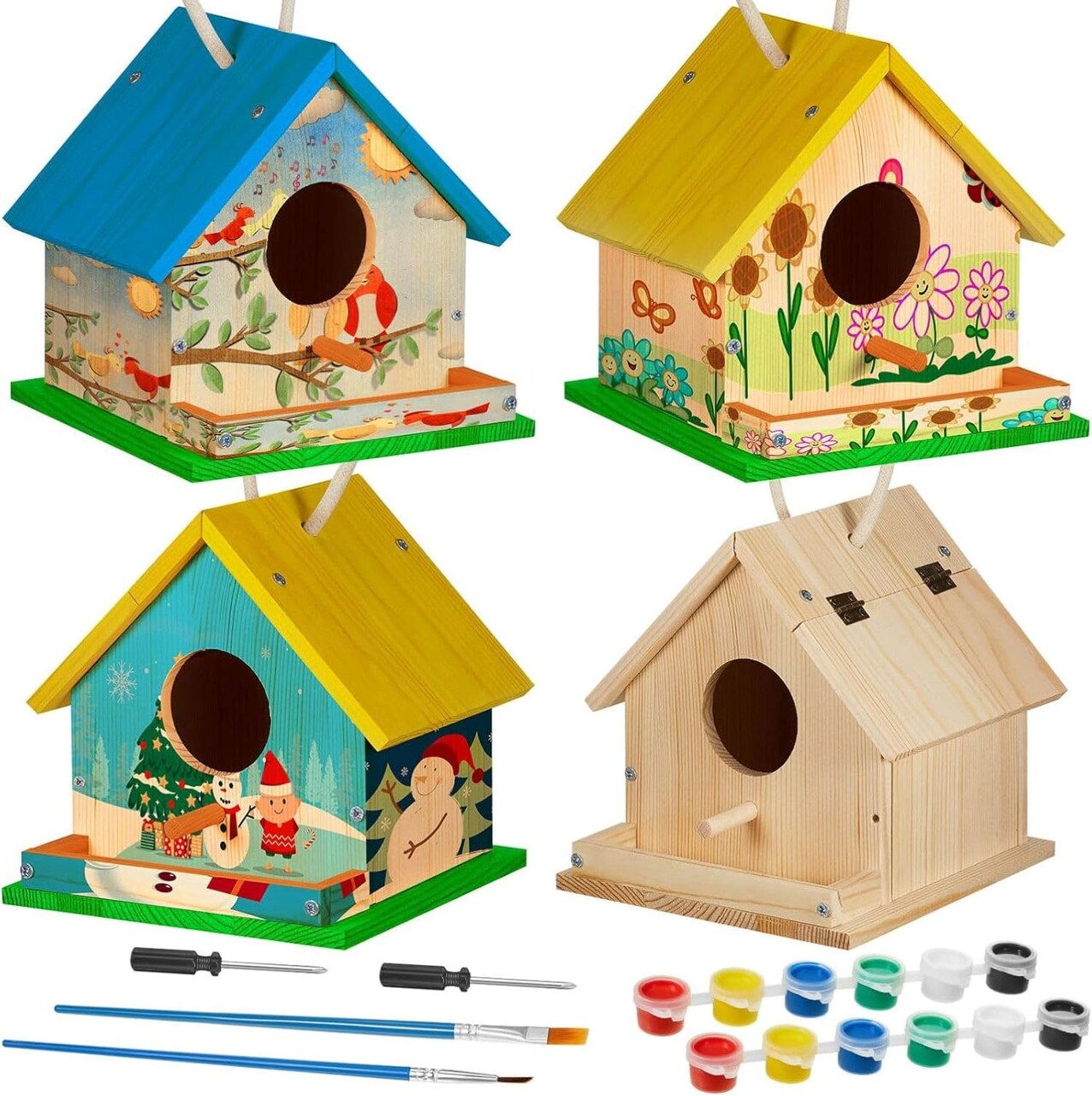2 Sets Wooden DIY Birdhouse Kit, Unfinished Bird Houses with Paints and Paintbrushes, Bird Feeder Craft Arts for Kids Ages 4-8, 8-12, Classroom Activity and Adults Wooden Craft Gifts